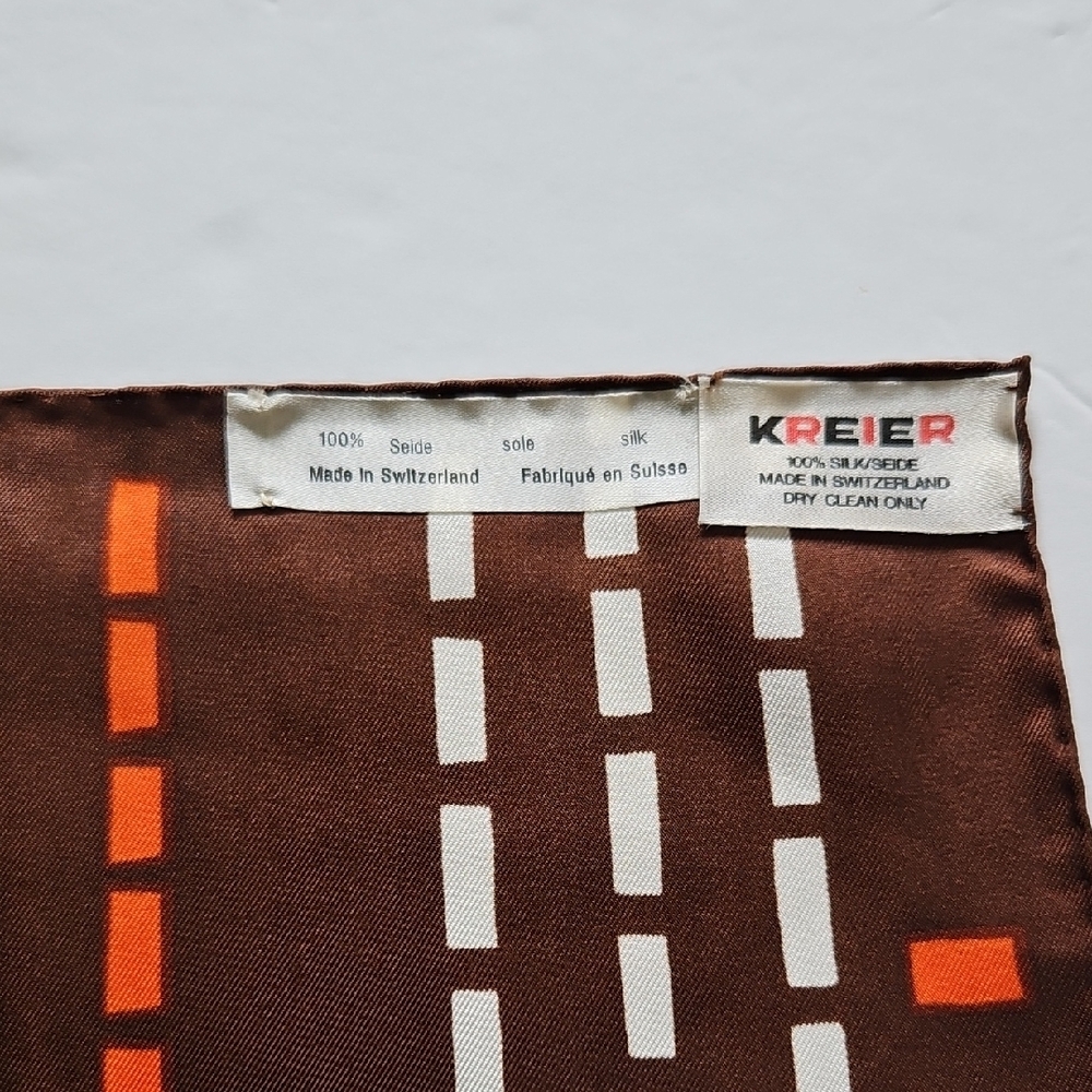 Kreier Brown Silk Scarf with Geometric Patterns